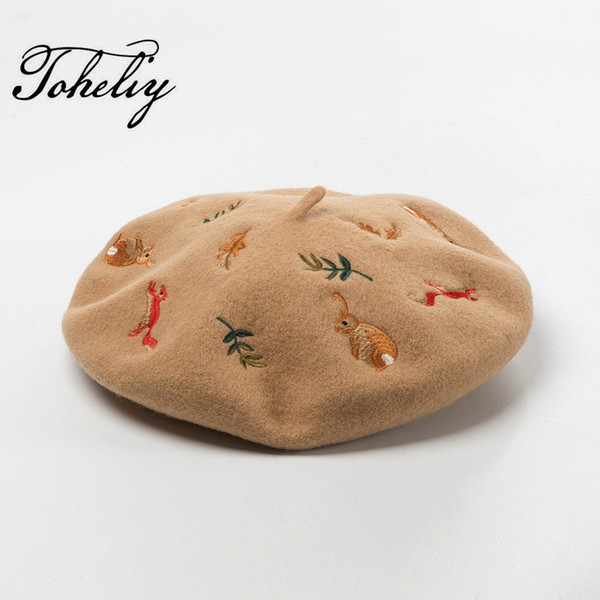 New style spring Autumn 100% Wool Winter Cartoon embroidery Women Beret Hat For Sweet Girl