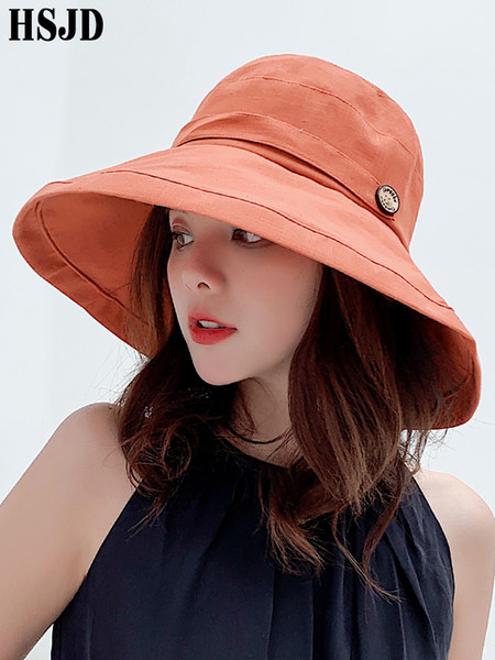 Solid Color Cotton Linen Large Wide Brim Foldable Sun Hat Women Summer Anti-UV Sun Beach Hat Button Decorate Female Sunshade Cap