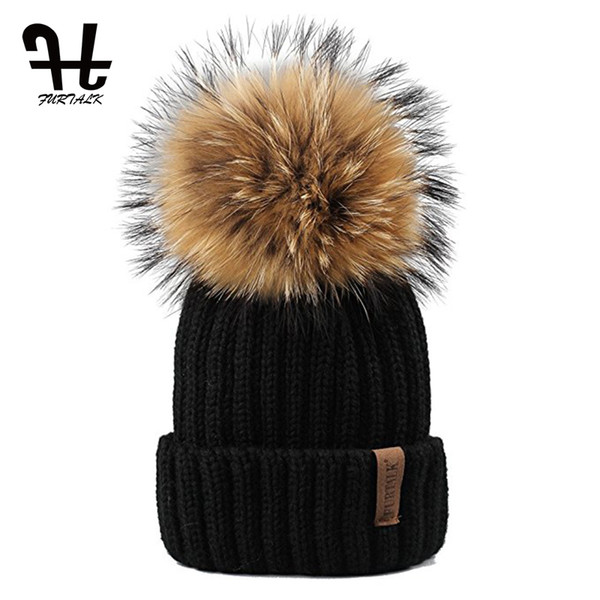 Wholesale- Furtalk Knitted Real Fur Hat 100% Real Raccoon Fur Pom Pom Hat Winter Women Hat beanie for women
