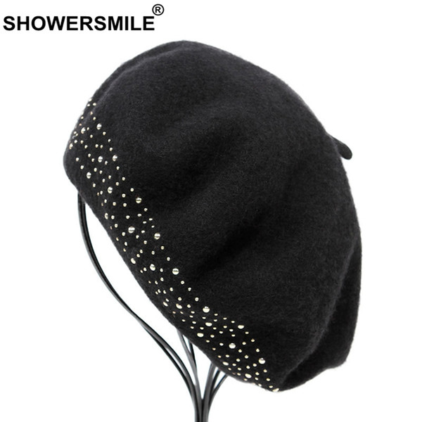 SHOWERSMILE Black Beret For Woman Woolen Artistic Hats Ladies Rivet Fashion Soft French Berets Female Wool Winter Painters Caps