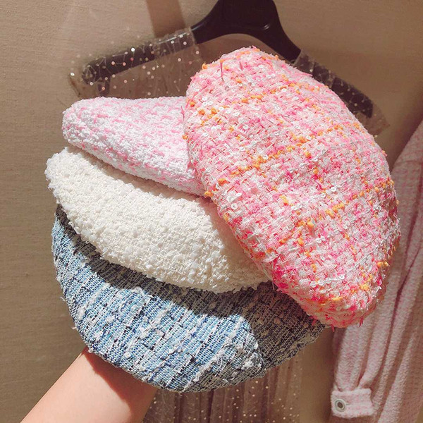 5 Color Hot Sale 2019 Fashion New Women's Elegant Plaid Tweed Beret Female Hat Spring Autumn All Match Hats Pink Blue White Y276