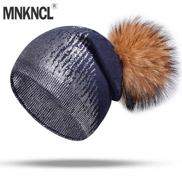 MNKNCL 2018 New Winter Hat For Women Silver Wool Knitted Hat With Real Mink Pompom Warm Female Skullies Beanies Bonnet