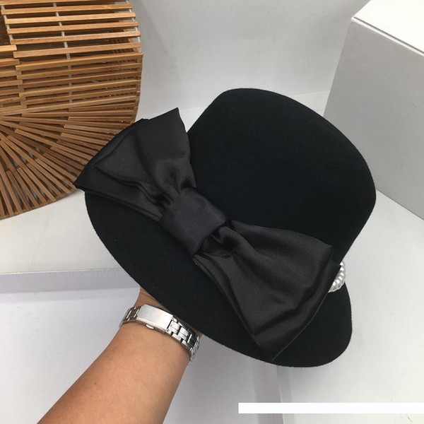 French pearl wool bowknot fisherman hat joker black English Japanese hat elegant little bucket hats