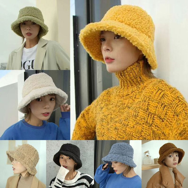 Women Winter Faux Wool Bucket Hat Solid Color Plush Warm Wide Brim Panama Cap