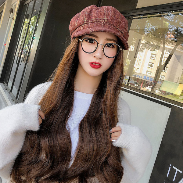 New Women Long Hair Hat Female Autumn Winter Fashion Caramel Color Retro Grid Beret Hat with Wave Wig For Lady Girls F35705AD