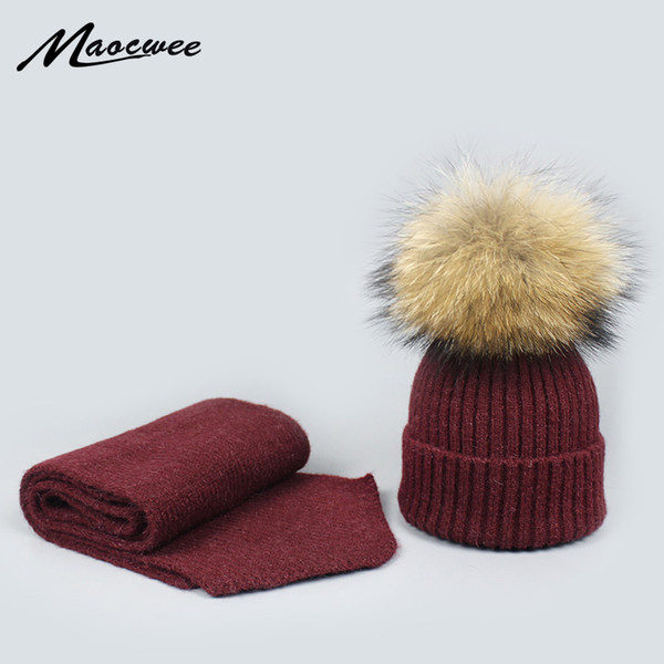 Winter Knitted Real Fur Hat Women Thicken Beanies with Real Raccoon Fur Pompoms Warm Girl Caps snapback pompom beanie Hats Scarf