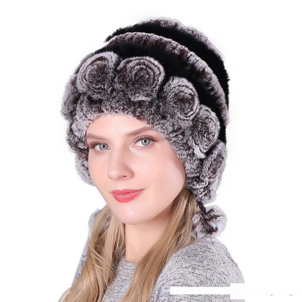 Winter Fur Hats for Women Real Rex cap plush kniting female warm wool ball knit ladies beanie elegant princess hat