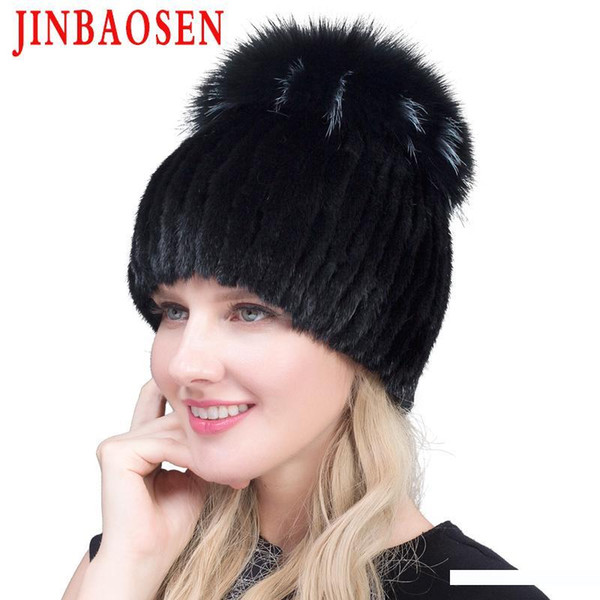 JINBAOSEN 2019 Hot Sale Fashion Winter warm Women Knit Caps Mink hats with FOX Fur Vertical woven Top