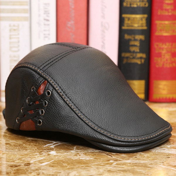 2019 New Arrival Men's leather caps leather caps Beret spring and autumn fashion single forward cap England hat casual