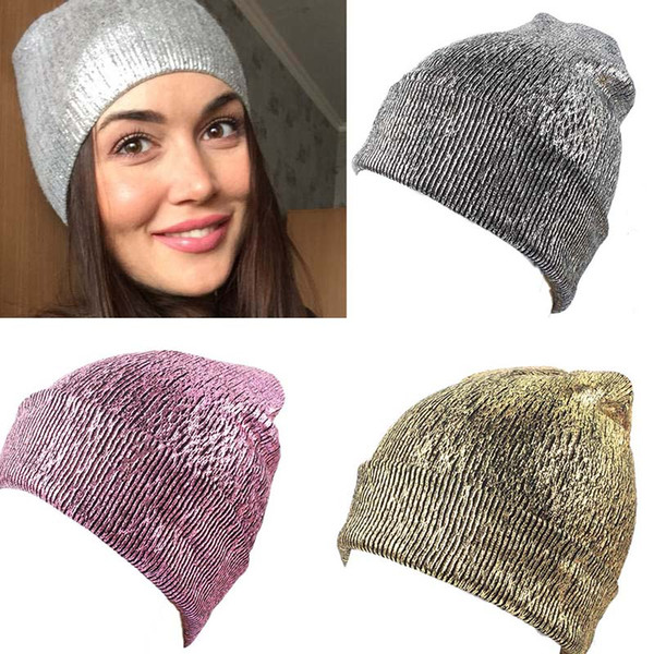 2019 New Women Winter Hats Beanie Knitted Bronzing Gold Silver Hat Female Hip Hop Winter Warm Caps Muts