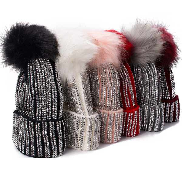 Lawliet Winter Hats Faux Fur Pom Pom Rhinestone Bling Style Women Beanies High Quality Warm Knitted Hat Ladies Skull Cap A469