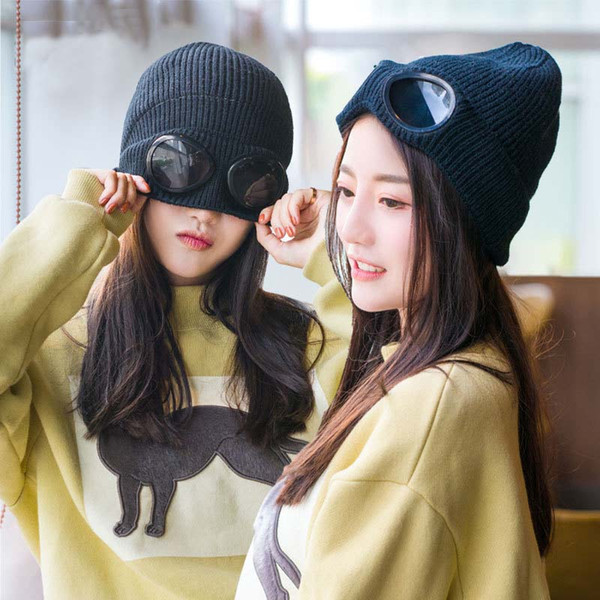 Lady Knitted Ski Skull Hat Beanie with Windproof Glasses High Quality Classical Casual Sport Warm Wool Cap Ski Hats 0009HT