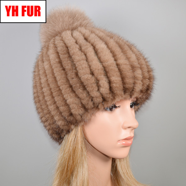 Outdoor Winter Natural Real Beanies Hat Handmade Knitted Warm Women Quality Real Caps Fur Balls Hats