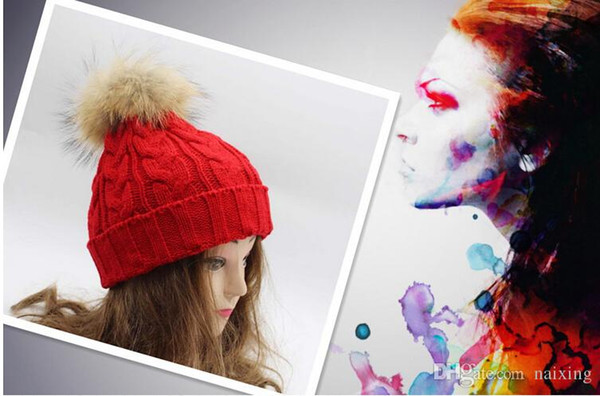 Wholesale-HOT~Natural Real Fur Raccoon Fox Fur Pompon Knit Hat Cap Winter Warm Crochet Beanie With Real Fur Pom-poms Ball Gorros