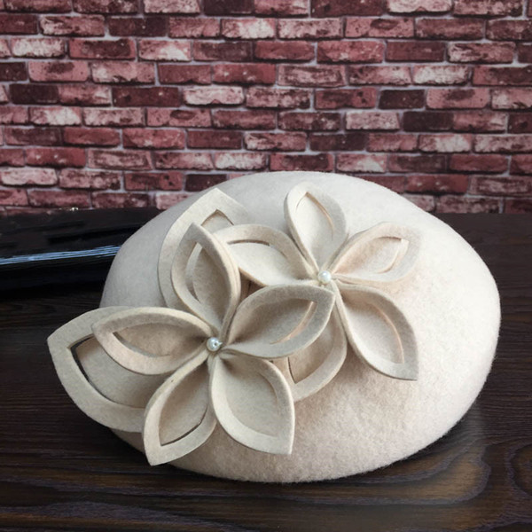 Pearl flower, new wool beret elegant temperament warm cap painter female hat