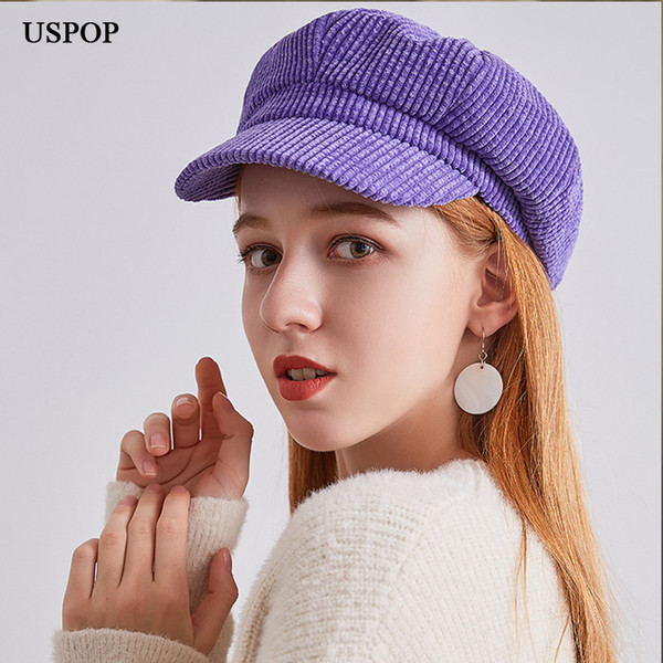 USPOP 2019 hot Corduroy octagonal hats women solid color berets soft retro newsboy caps visor cap female warm winter hats