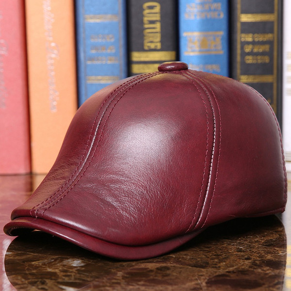 men Earmuffs genuine sheepskin leather beret hat autumn and winter middle-aged men's leather tongue warm Baseball cap outdoor