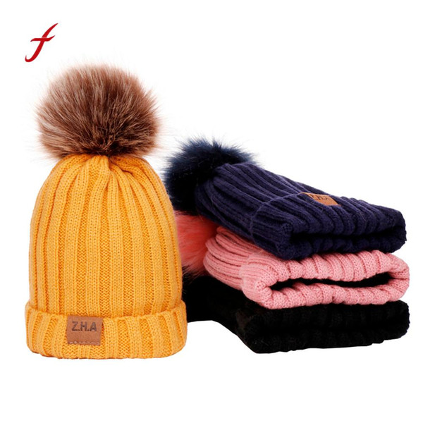 Feitong Winter Warm Hats Baby Boys Girls Solid Color Knit Beanie Hat Fur Pom Pom Hairball Warm For Kid Beanie Cap /PT