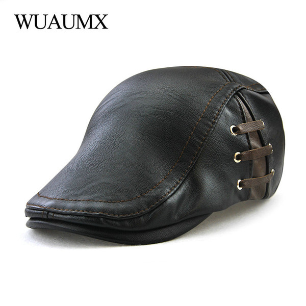 Wuaumx High Quality Autumn Winter PU Leather Beret Hats For Men Faux Leather Beret Hat With Ring Men's Visor Flat Cap Wholesale