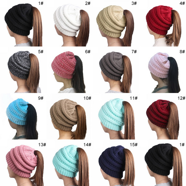 2018 Winter Girls Women Hat Ladies Girl Stretch Soft Knit Hat Messy Bun Warm Hats Caps bonnet femme hiver