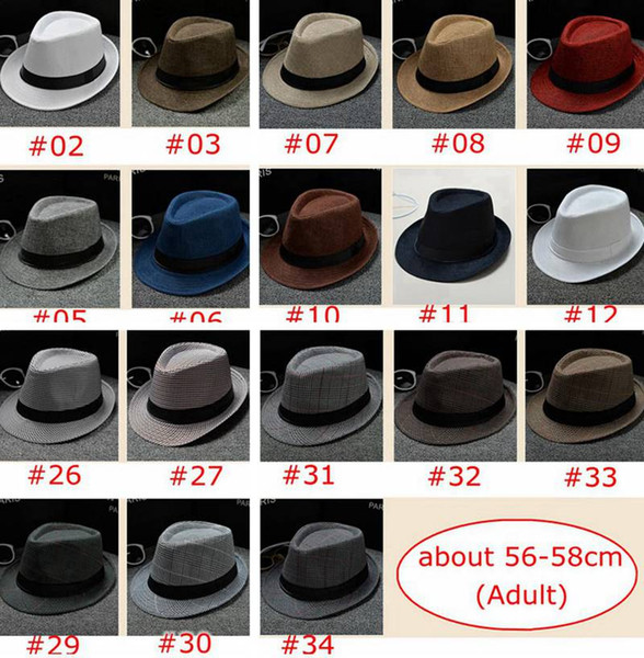 34 Colors choose Men Women Soft Fedora Panama Hats Cotton/Linen Straw Caps Outdoor Stingy Brim Hats Spring Summer Beach sun caps 56-58cm