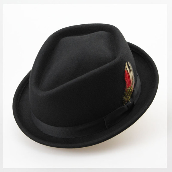 Wholesale-Vintage Australian Wool Felt Jazz Men Hat Male Floppy Feather Fedora Bowler Hat Fashion Flat Dome S M Large Size Woolen Hat