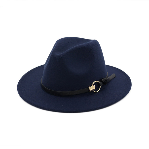 European Wide Brim Cowboy Felt Hat Panama Trilby Jazz Fedora Hats with Leather Buckle Plain Ribbon Woolen Chapeau for Women