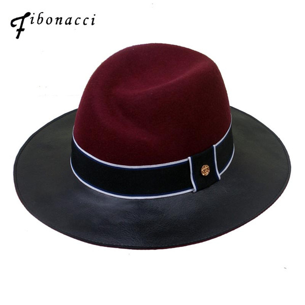 Fibonacci 2018 New Brand Quality Jazz Faux Leather Wool Patchwork Fedora Hat for Women Wool 100% Felt Hat