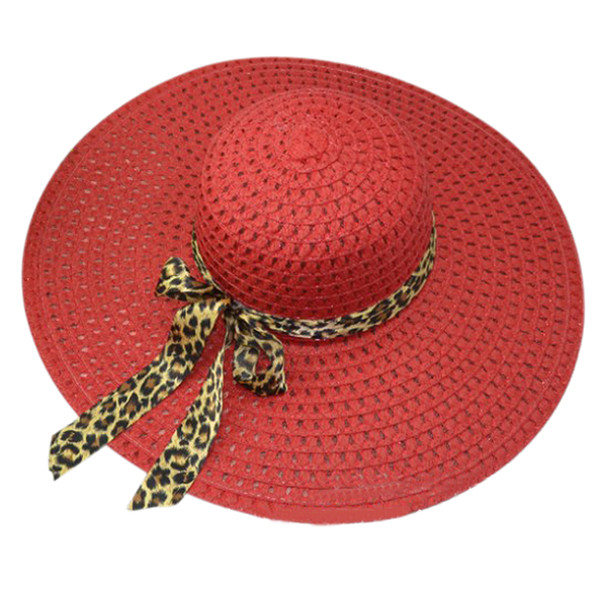 Wholesale- Red Summer Exquisite Leopard Ribbon Bowknot Decorated Openwork Sun Hat For Women