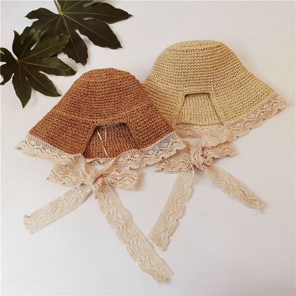 Summer Fisherman Hats Caps Beach Straw Sunshade Baby Girls Women Outdoor Practical Lace Knitted Patchwork Fold Up Sun Hats Caps