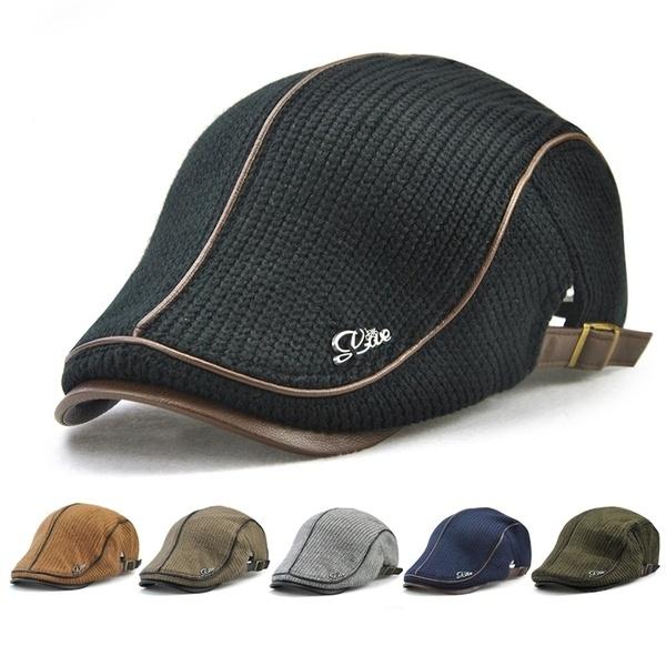 Man’s Knitted PU Leather Beret Hat Knitting Buckle Paper Boy Newsboy Cabbie Gentleman Visor Cap Casual Warm