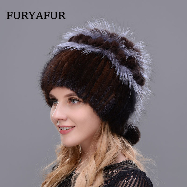 JERYAFUR Russian Real Natural Mink Hat Warm Double Female Mixed Color Fox Fur Hat Women Silver Double Velvet Luxury Winter