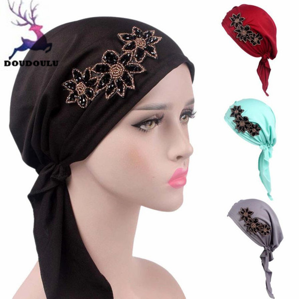 DOUDOULU Womens Winter Hat Rhinestones Winter Hat Cotton Chemo Beanie Scarf Turban Head Wrap Cap Gorras Mujer Dropshipping#ZH