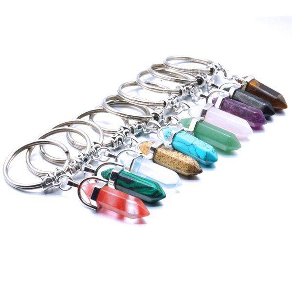 MKI Hexagonal Prism Natural Stone Pendant Keychain Bullet Crystal Charms Key rings Jewelry Fashion Accessories