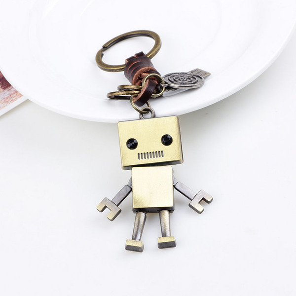 Creative Persaonlity Fashion High Quality Knitting Leather Antique Bronze Plated Alloy Robot Keychains Gift Vintage Key Rings Jewelry