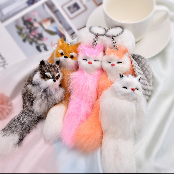 Cute Fluffy Bow-knot Fox Ball Key Chain Rings Pompom Real Fox Fur Charm Keychain Car Bag Key Ring Women Jewelry