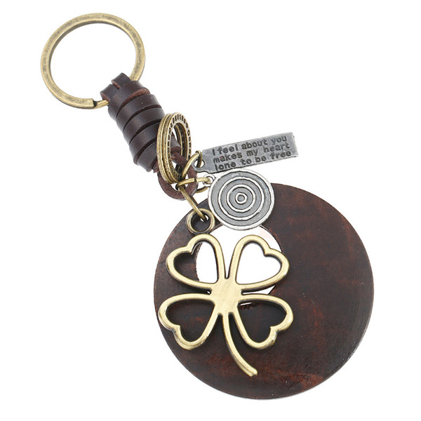 Fashion Vintage Punk Woven Leather Geometric Round Wood Alloy Leaves Key Chain Men's Car Backpack Pendant Jewelry Accessories