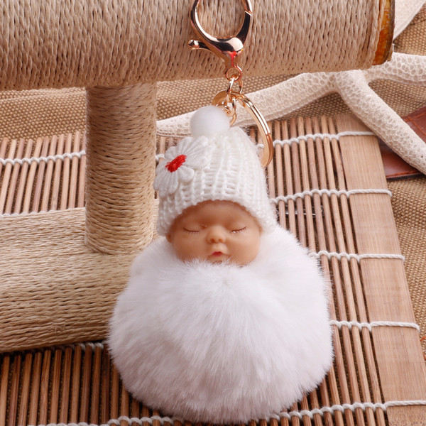 New sleeping baby keychain fake Fur Pom Pom Key Chain Women Trinket Car Key Ring Keychain Jewelry Gift fluffy keychain on bag