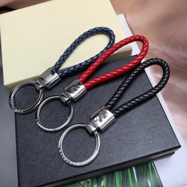 2020 Braided leather key chain calfskin steel hardware three styles color black dark blue wine red detail perfect package