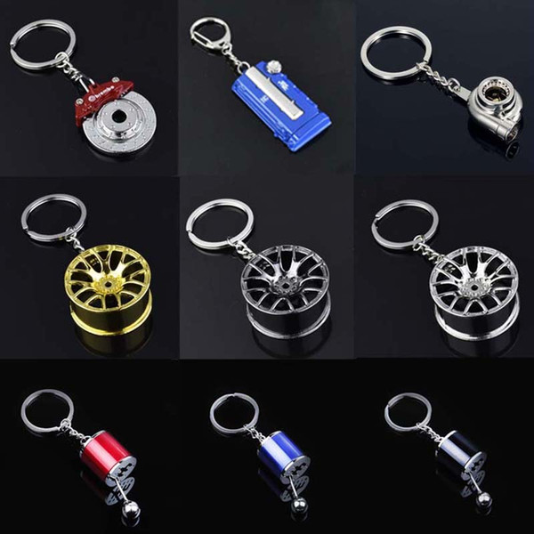 Car Modification Decorative Keychain Nitrogen Bottle Absorbers Turbo Hood Wheel Hub Disc Brake Shift Lever 3D Metal Model