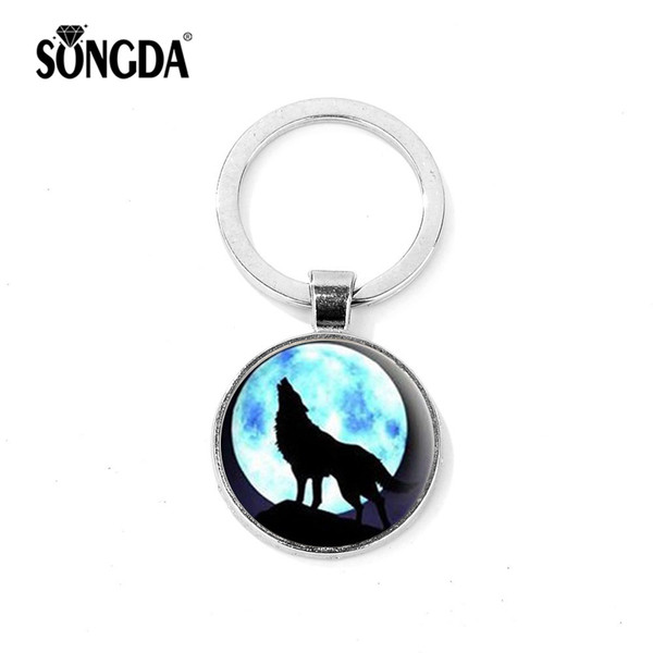 SONGDA Fashion Wolf Moon Keychain Full Moon Vintage Aggressive Wolf Jewelry Pendant Glass Cabochon Keyring Holder Gifts for Men