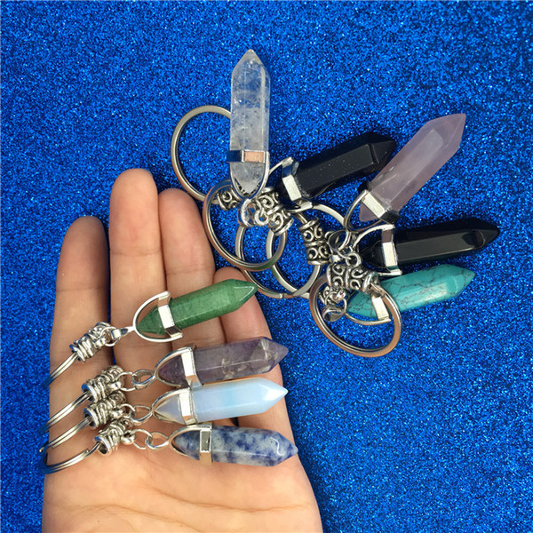 Chakra Hexagon Prism Natural Stone Keychain Key Ring Handbag Hangs Fashion Jewelry Gift Drop Ship 340041