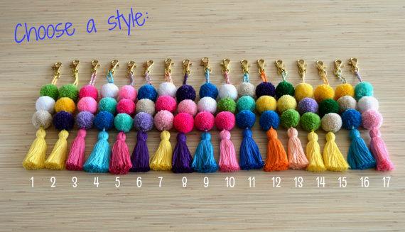 Pom pom keychian Purse charm Tassel keychain Pom pom bag charm Handbag charms Tassel bag charm Pom pom key chain tassels Boho Gypsy 30pcs/