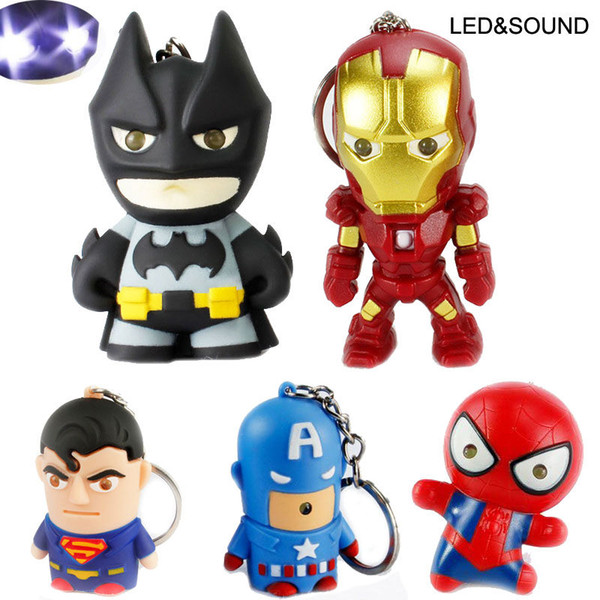 Superhero Batman Iron Man Spiderman Superman Captain America Keychain Mini Action Figure Toys LED Light Key Chains Ring Fashion Drop Ship