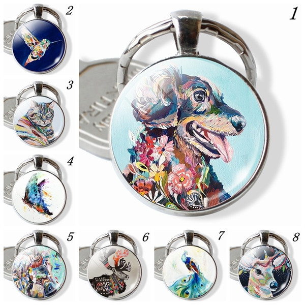 Oil Painting Animals Keyring, Cat Dog Keychain, Butterfly Hummingbird Pendant, Horse Elk Peacock Jewelry