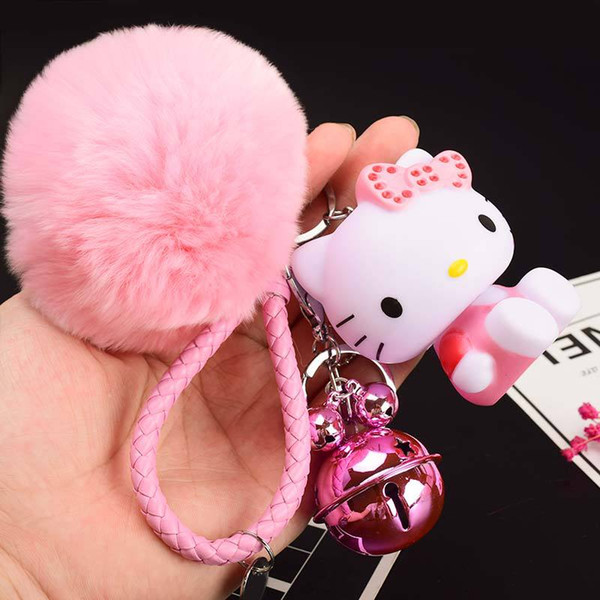 key chain for women men cute KT Cat cartoon car key chain hairball pendant small gift wholesale Key Chain Ring Gifts for Girl Party