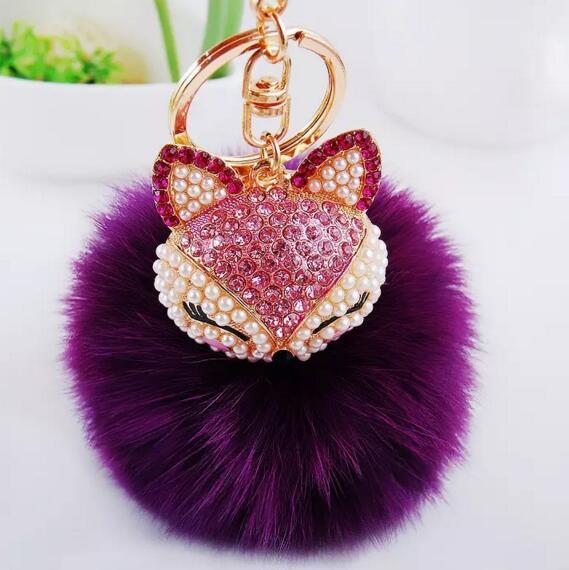 19 Color Cute Bling Rhinestone Fox Real Rabbit Fur Ball Fluffy Keychain Car Key Chain Ring Pendant For Bag Charm 12 pcs free shipping