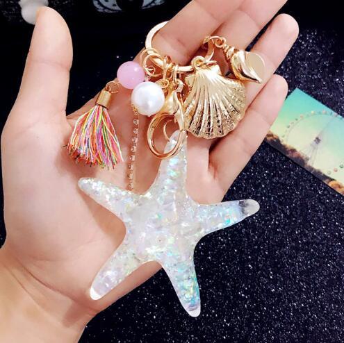 New Cartoon Sea World Starfish Pearl Shell Keychain Key Chain KeyRing Crystal Pendant Keychain Women Gift