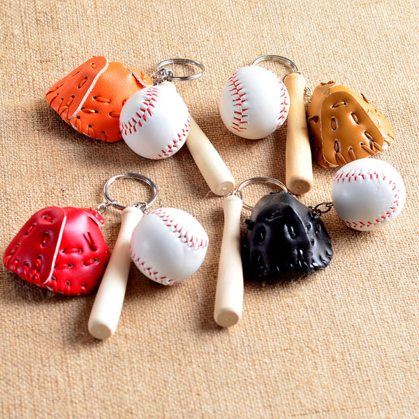 Mini Three-piece Baseball glove wooden bat keychain sports Car Key Chain Key Ring Gift For Man Women wholesale MOQ:50pcs