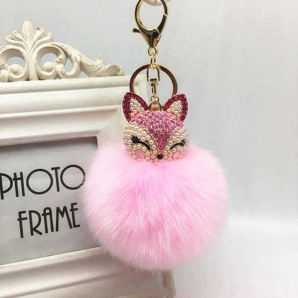 Wholesale New Women Crystal fluffy Keychain Fox Pompom Key Ring llavero Pom Pom Rabbit Fur Ball Key Chain Bag Chaveiro Femme Porte clef